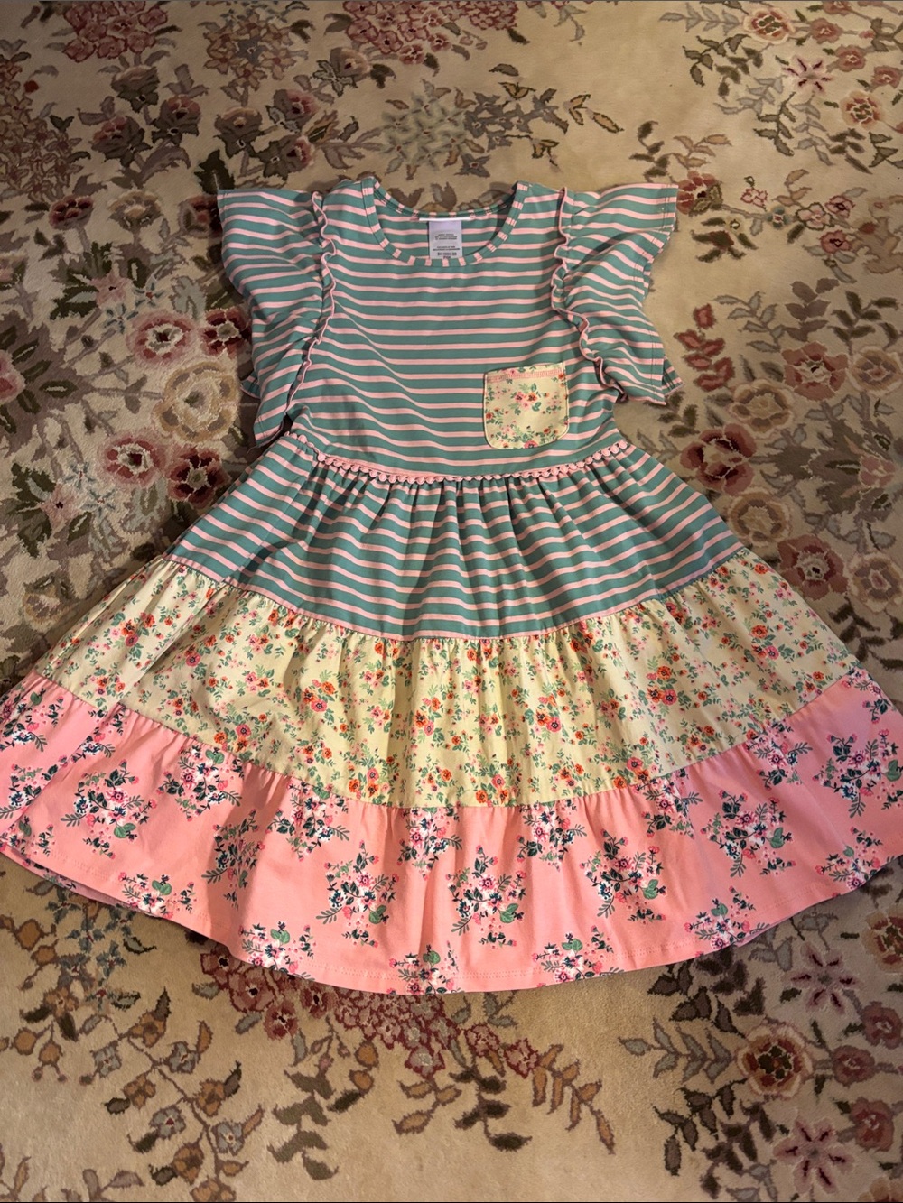 Bonnie Jean Mint Stripe & Pink Floral Tiered Dress